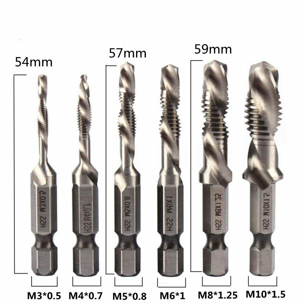 6Pcs 1/4 Inch M3-M10 Screw Tap HSS Combination Drill Tap Bit Set Hex Shank Deburr Countersink Bits - MRSLM