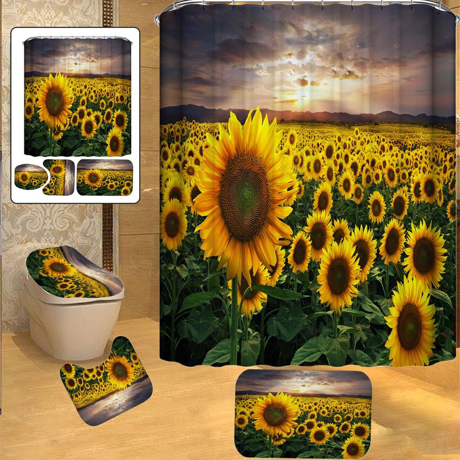 Sunflower Bathroom Shower Curtain Anti-skid Bath Carpet Toilet Seat Cover Bath Mat Bathroom Rugs - MRSLM