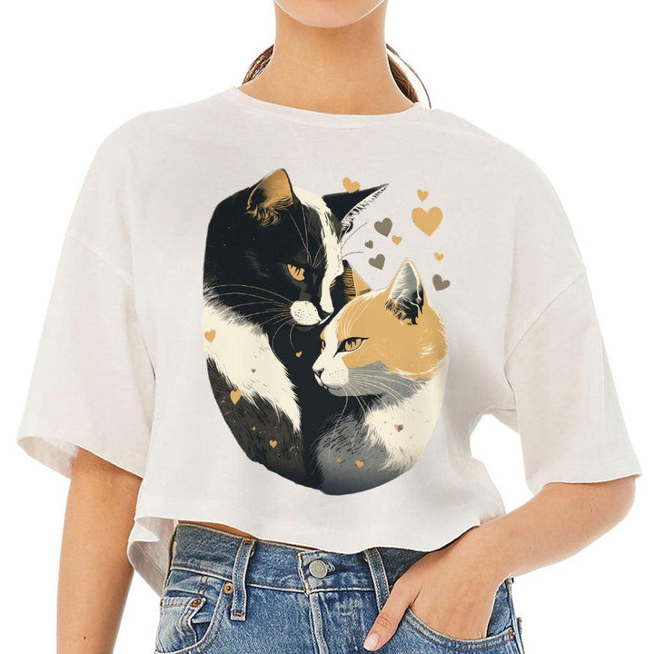 Cat Love Women's Crop Tee Shirt - Couple Style Cropped T-Shirt - Printed Crop Top - MRSLM