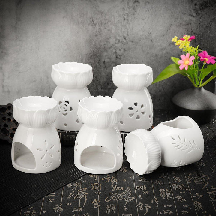 Lotus Flower Ceramic Oil Incense Burner Tea Light Holder Home Fragrance White - MRSLM