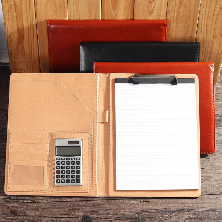 A4 Folder Soft Leather Portfolio Organiser with Calculator Travel Journal Daily Plan Notebook Business Office Writing - MRSLM