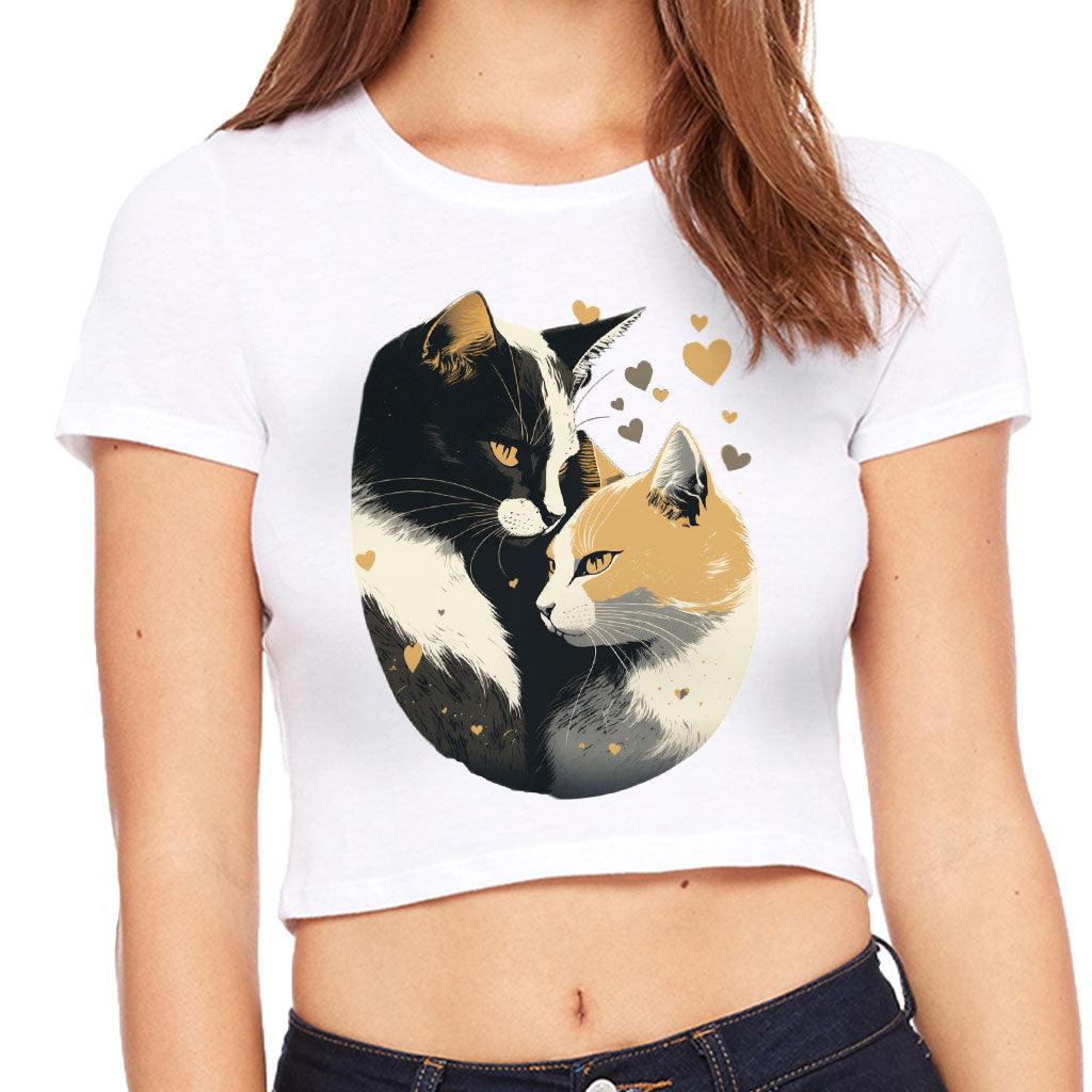 Cat Love Women's Cropped T-Shirt - Couple Style Crop Top - Printed Cropped Tee - MRSLM