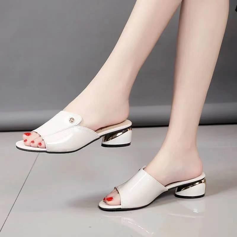 Lazy Lowheeled Leather Slippers Soft Leather Sandals And Slippers Female Fish Mouth Gold Midheel Shoes - MRSLM