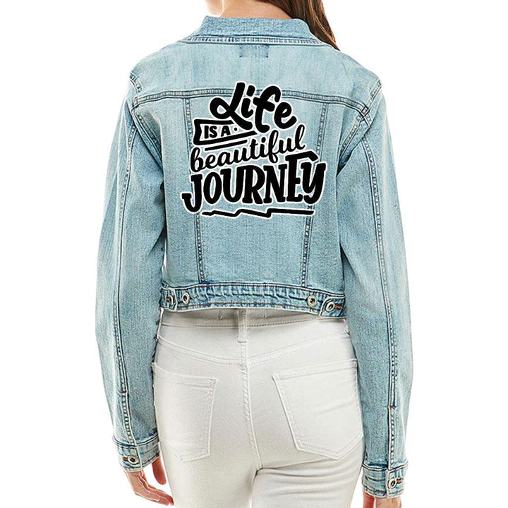 Life is Beautiful Cropped Ladies Denim Jacket - Inspirational Women's Denim Jacket - Cute Denim Jacket - MRSLM