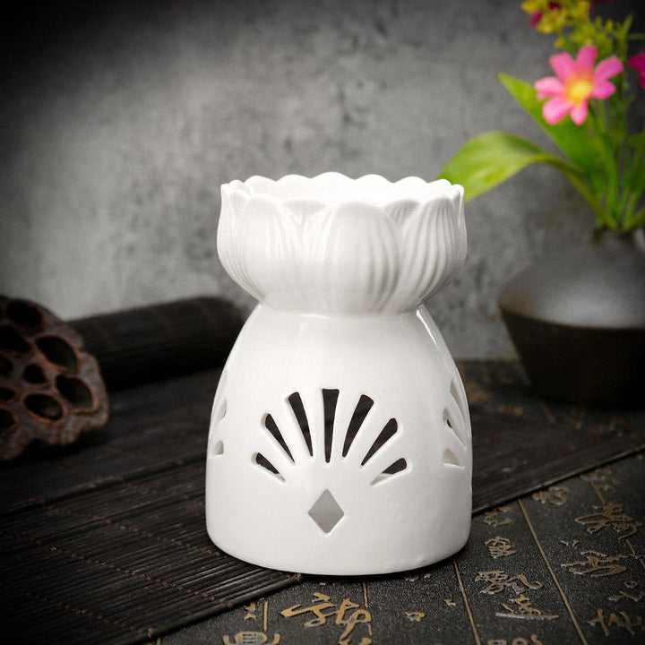 Lotus Flower Ceramic Oil Incense Burner Tea Light Holder Home Fragrance White - MRSLM