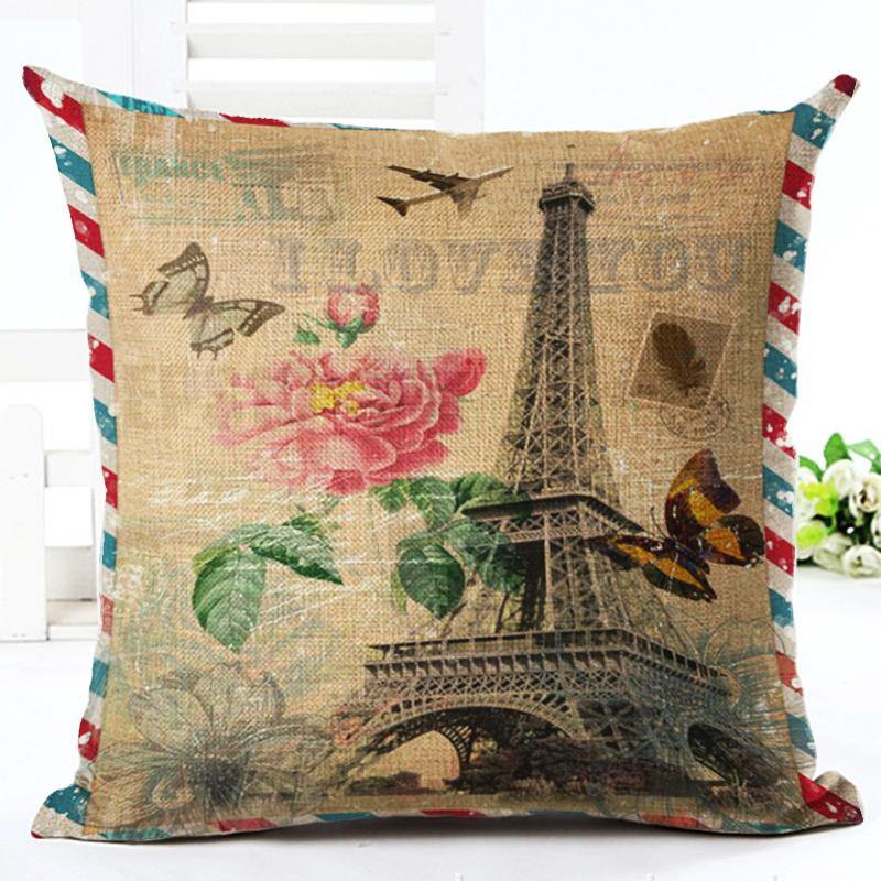 Honana 45x45cm Home Decoration Eiffel Tower Style Flowers Butterflies Pillow Case Cotton Linen Cushion Cover Home Sofa Car Decor - MRSLM