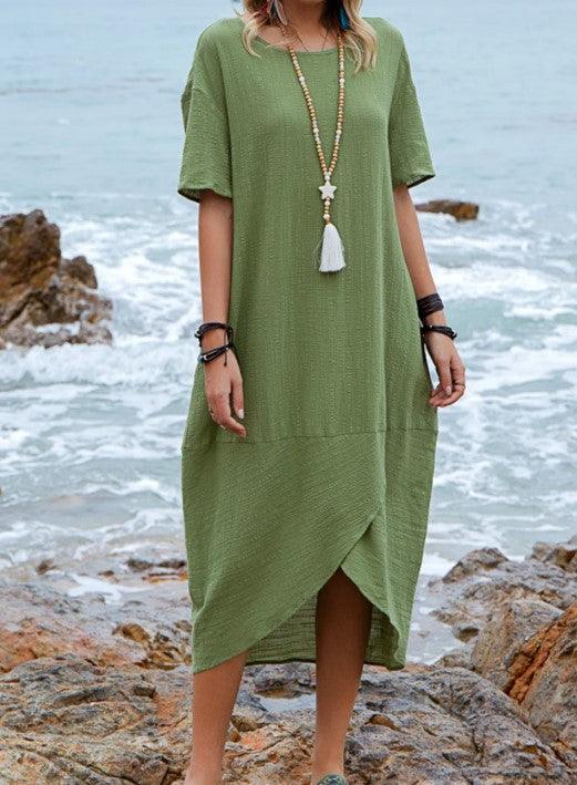 Women Maxi Dress Neck Pocket Summer Loose Casual Baggy Robe Female Retro Long Dresses - MRSLM