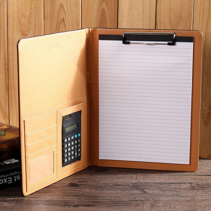 A4 Folder Soft Leather Portfolio Organiser with Calculator Travel Journal Daily Plan Notebook Business Office Writing - MRSLM