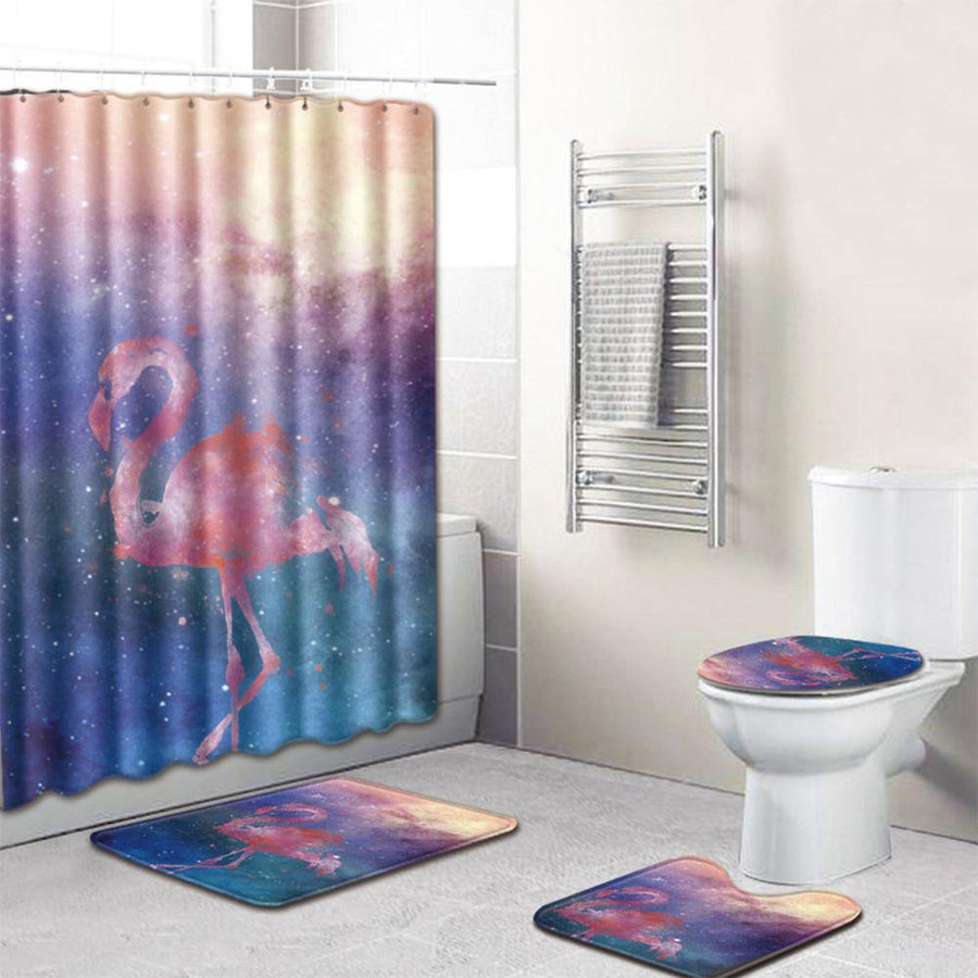 Starry Sky Printed Bathroom Polyester Shower Curtain Non Slip Toilet Cover Rugs Mat Set - MRSLM