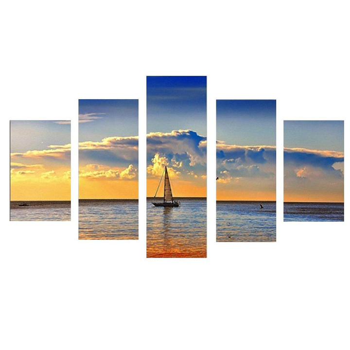 5Pcs Sunset Sailing Boat Canvas Print Paintings Wall Decorative Print Art Pictures Frameless Wall Hanging Decorations for Home Office - MRSLM