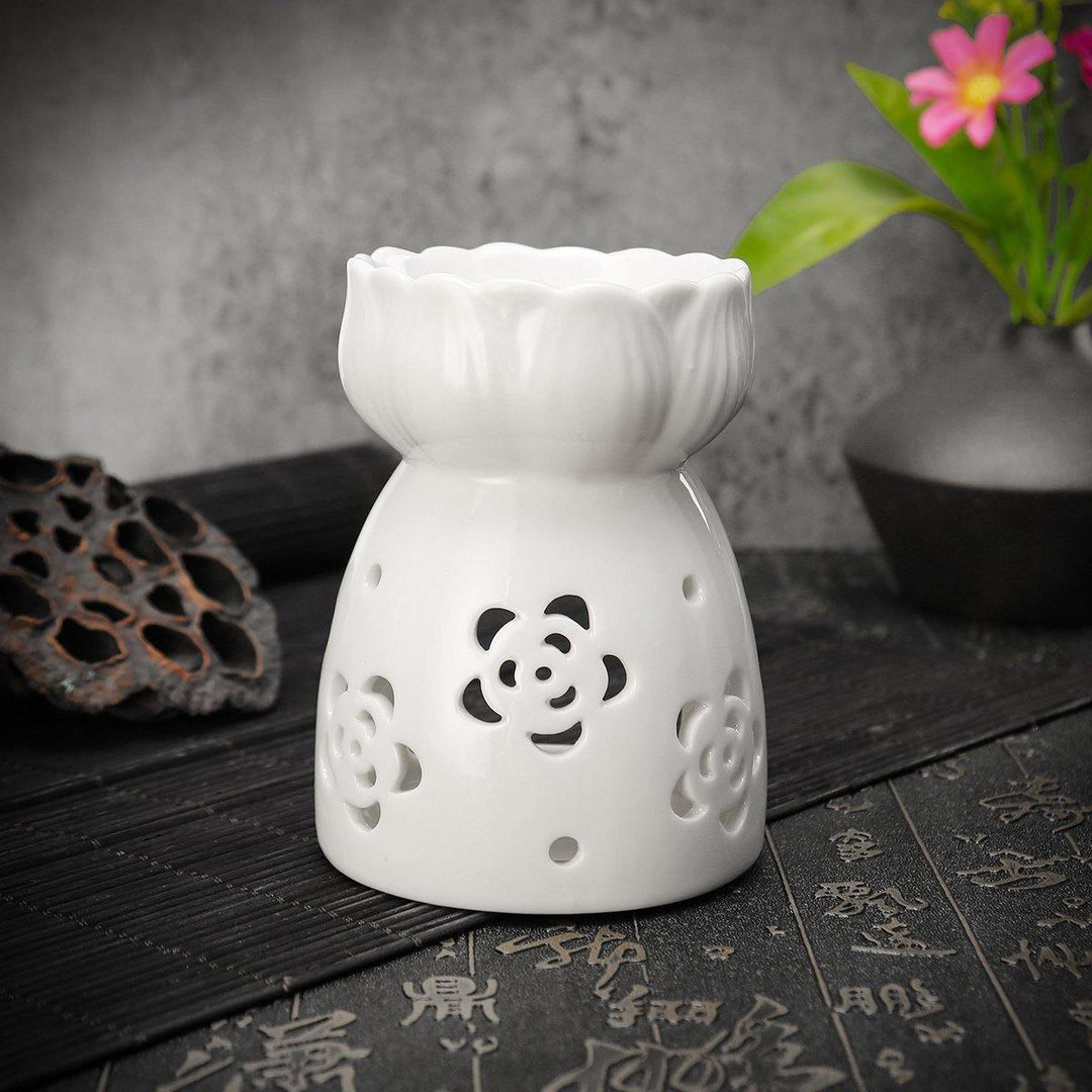 Lotus Flower Ceramic Oil Incense Burner Tea Light Holder Home Fragrance White - MRSLM