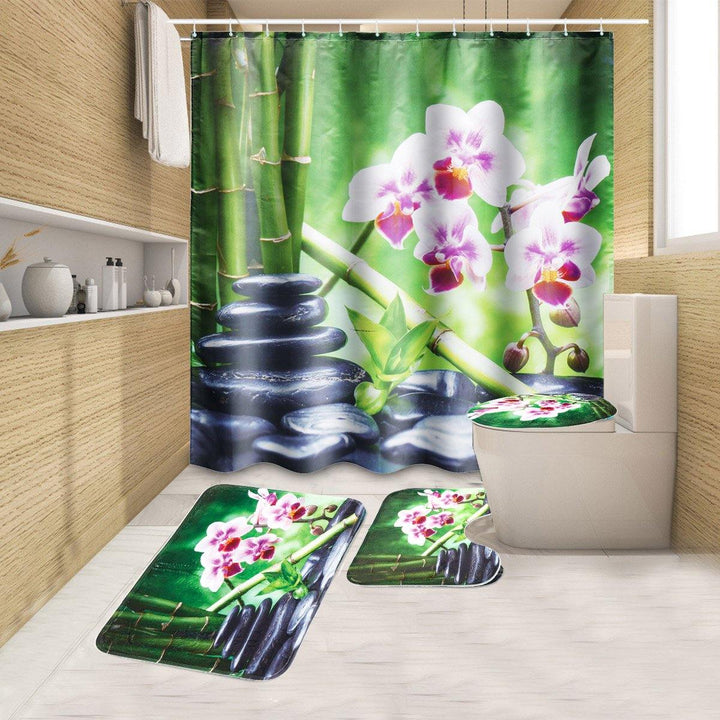 180x180CM Bamboo Pebble Orchid Toilet Rug Mat Bathroom Shower Curtain with Hooks - MRSLM