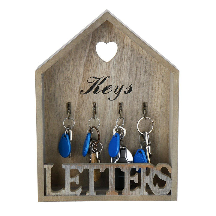 Vintage Wooden Key Holder Storage & Letter Shelf Rack Shabby Chic Wall Mounted 4 Hooks - MRSLM