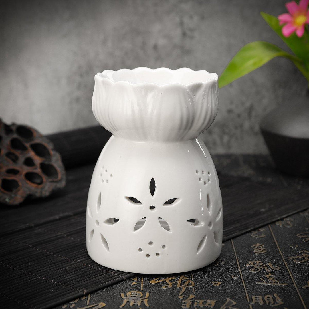 Lotus Flower Ceramic Oil Incense Burner Tea Light Holder Home Fragrance White - MRSLM