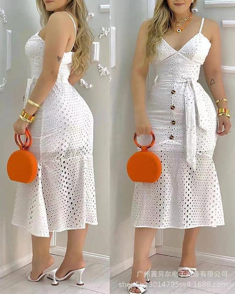 White Cutout Slip Dress Belted Lined - MRSLM