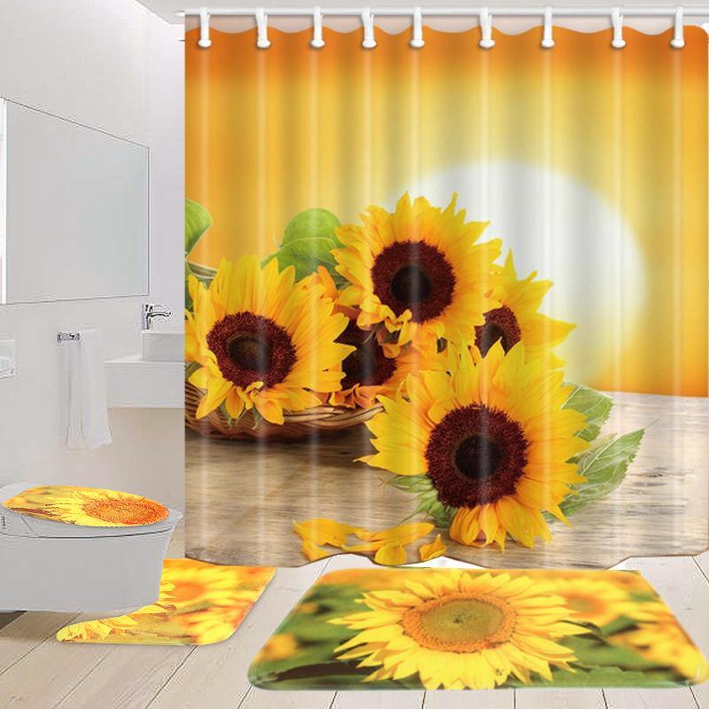 Sunflower Waterproof Polyester Shower Curtain Bathroom Carpet + Pedestal Rug + Toilet Seat Cover - MRSLM