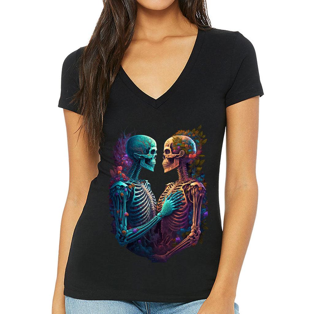 Skeleton Couple Women's V-Neck T-Shirt - Floral V-Neck Tee - Printed T-Shirt - MRSLM