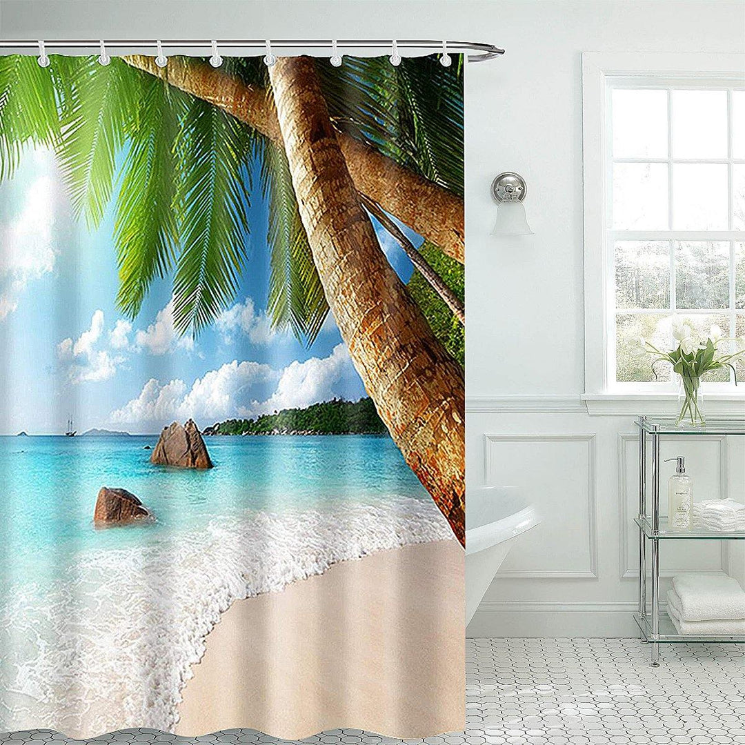 Bathroom Shower Curtain Washroom Tropical Beach Palm Trees 12 Hooks 180*180CM - MRSLM