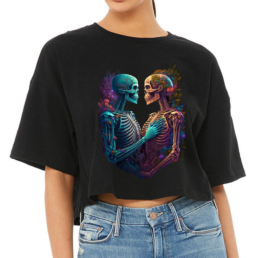 Skeleton Couple Women's Crop Tee Shirt - Floral Cropped T-Shirt - Printed Crop Top - MRSLM