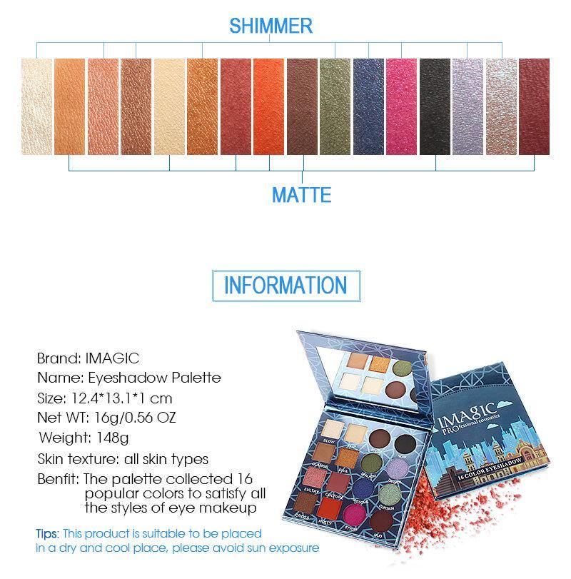 IMAGIC Professional Shimmer Matte Eyeshadow Palette 16 Colors Natural Eye Shadow Waterproof Lasting Pressed Cosmetic - MRSLM