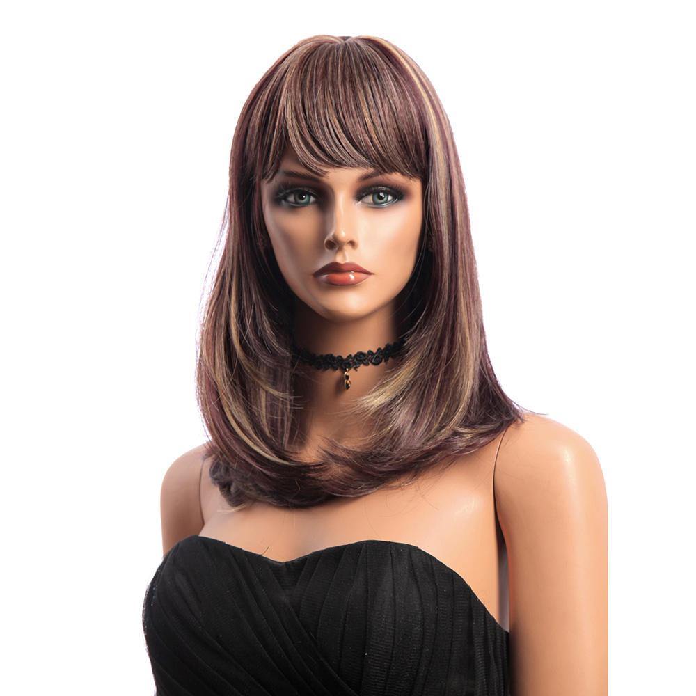 16 Inch Medium Long Natural Straight Synthetic Hair Wigs KANEKALON Full Bang - MRSLM