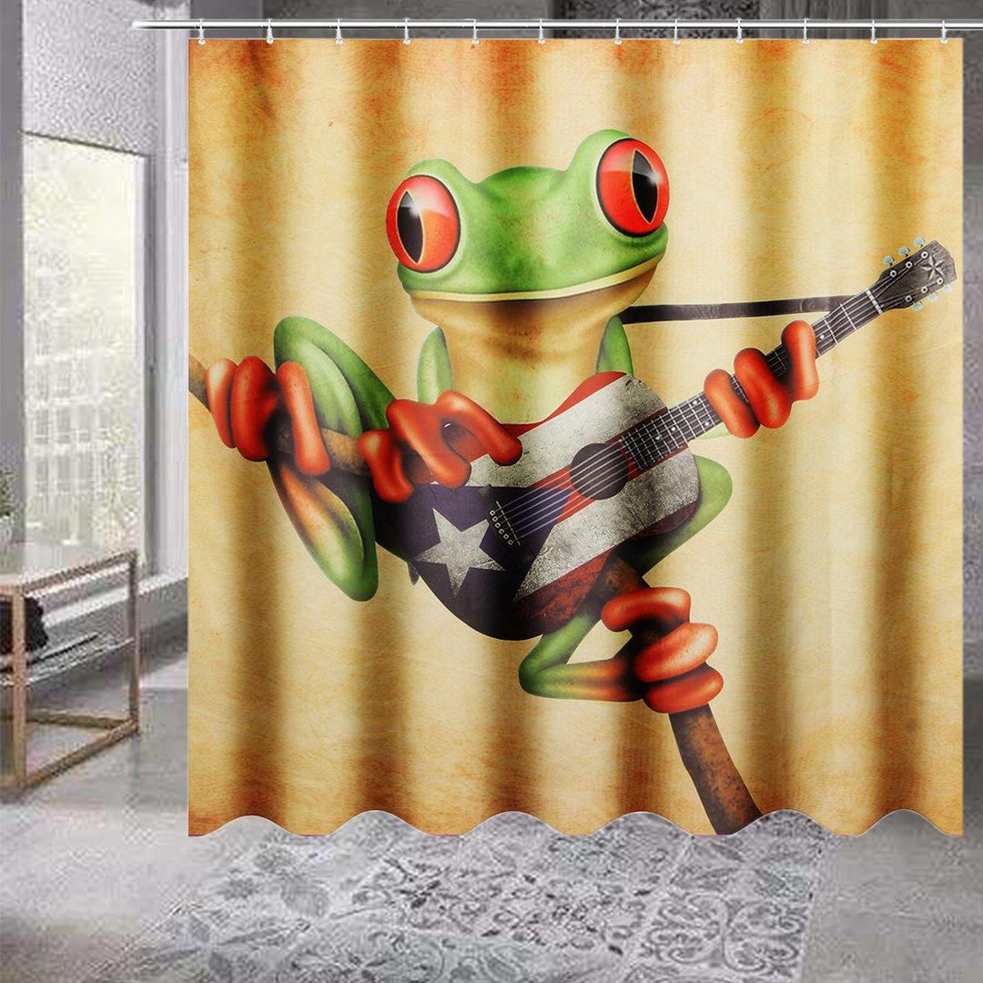 Frog Playing Guitar Bathroom Shower Curtain Anti-skid Bath Carpet Rugs Toilet Seat Cover Bath Mat Set - MRSLM