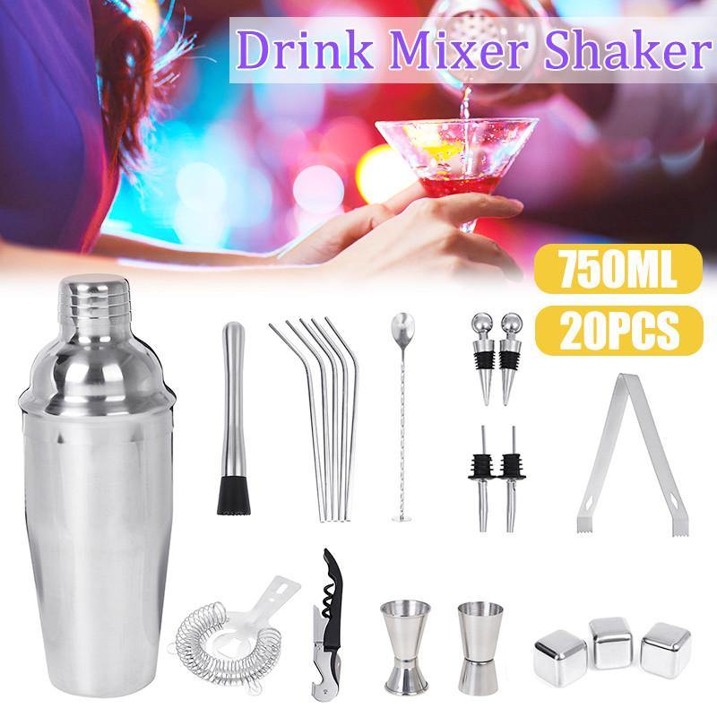 20PCS 750ml Stainless Steel Cocktail Shaker Mixer Drink Set Bartender Bar Party - MRSLM