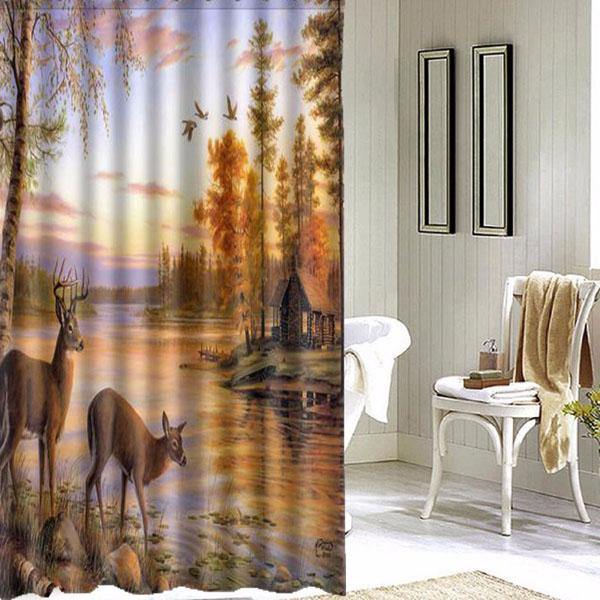 150x180cm Polyester Fiber Waterproof Deer Shower Curtain With 12 Hooks Bathroom Decor - MRSLM