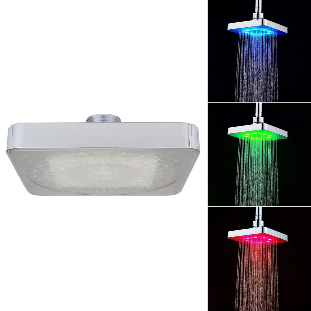 360° Adjustable 6 Inch LED Light Square Rain Shower Head Stainless Steel 3 Color Changing Temperature Control Bathroom Showerhead - MRSLM