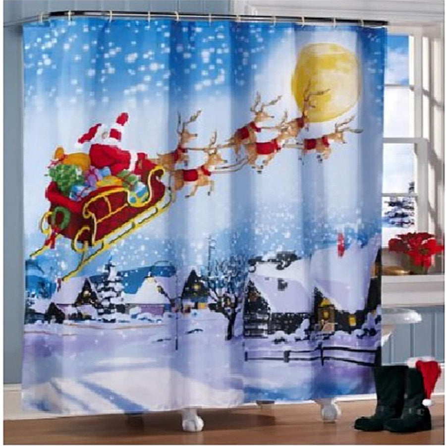 180x180cm Christmas Santa Claus Reindeer Bathroom Shower Curtains With 12 Hooks - MRSLM