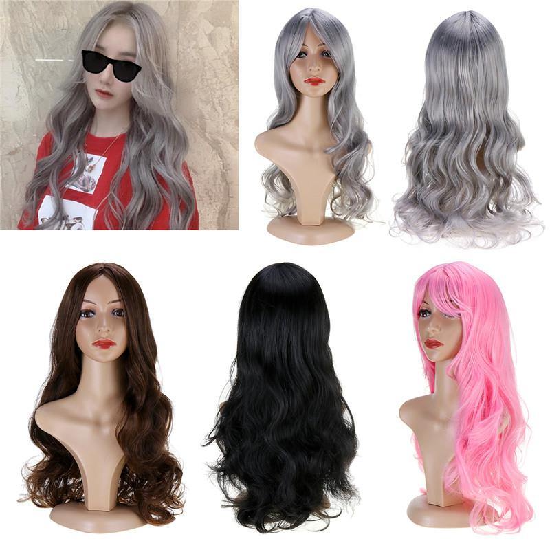 Women Wig Full Wavy Hair Extensions Heat Resistant Synthetic Grey - MRSLM