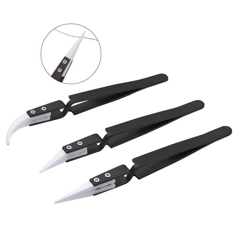 3PCS Anti-Static Reverse Ceramic Tweezers Stainless Steel Electronic CIigarette Heat Resistant Conductive Curved Straight Tweezers - MRSLM