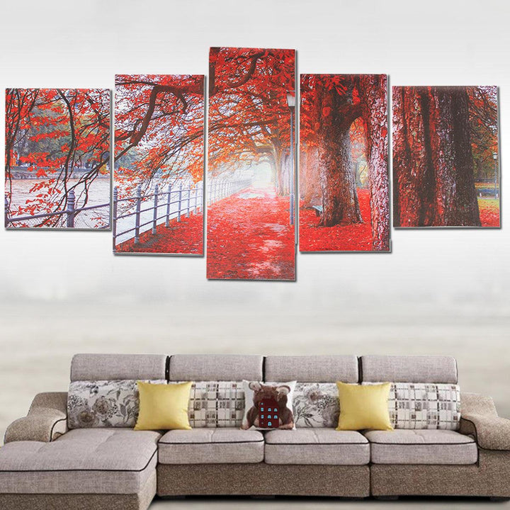 5Pcs Canvas Print Paintings Red Leaves Tree River Wall Decorative Print Art Pictures Frameless Wall Hanging Decorations for Home Office - MRSLM