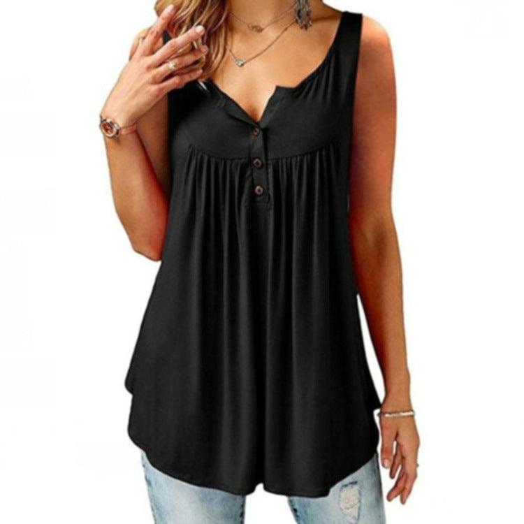 Solid Color Gathered Sleeveless Women's Casual T-Shirt Mid Length Button Vest - MRSLM