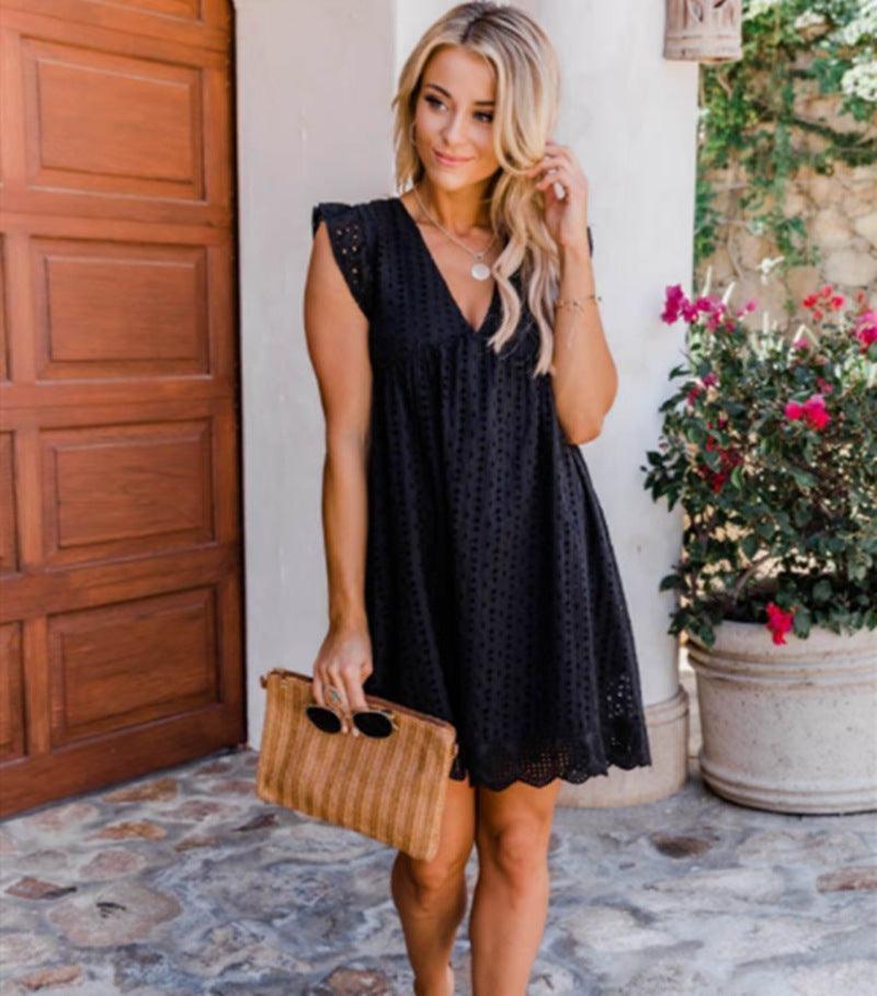 Lace Jacquard Cutout V-Neck Dress - MRSLM