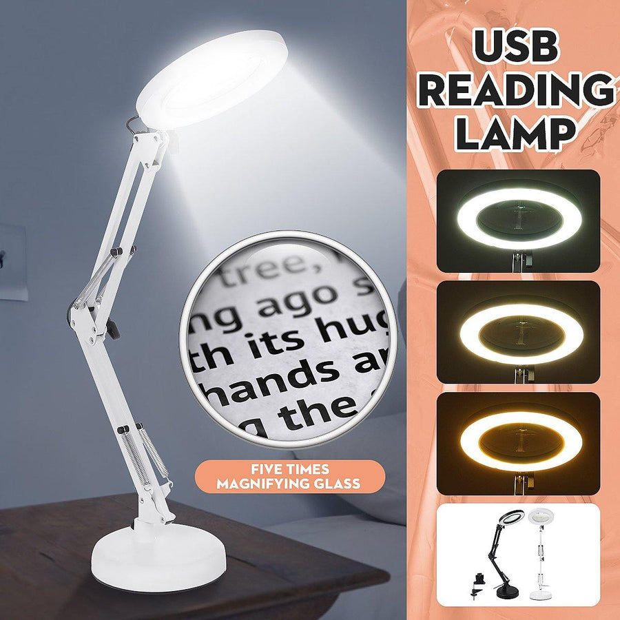 USB 5X Magnifying Desk Lamp Table Top Glass Magnifier Professional LED Reading Light for Repair Indoor Home Use - MRSLM