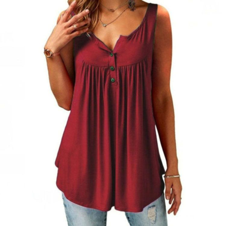 Solid Color Gathered Sleeveless Women's Casual T-Shirt Mid Length Button Vest - MRSLM