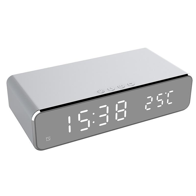 USB Digital LED Desk Alarm Clock With Thermometer Wireless Charger For Samsung Huawei (Silver) - MRSLM