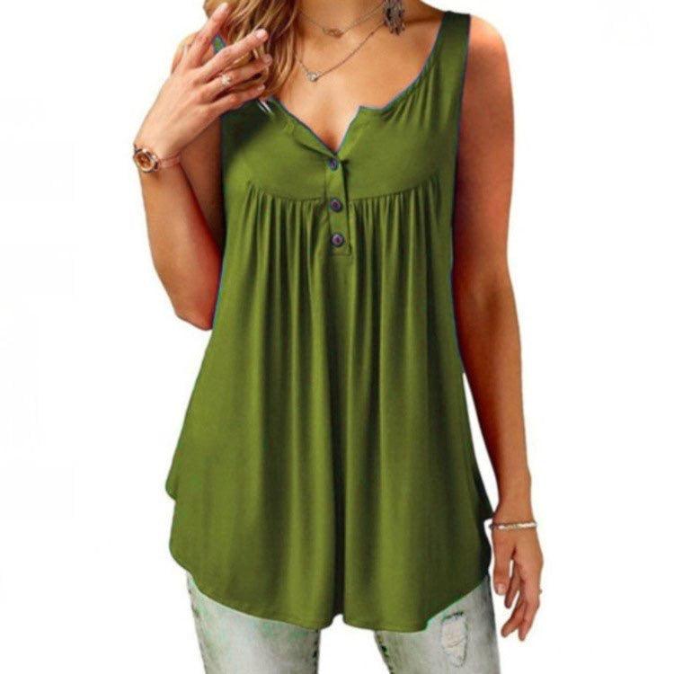 Solid Color Gathered Sleeveless Women's Casual T-Shirt Mid Length Button Vest - MRSLM