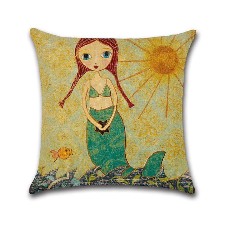 Mermaid Printed Cotton Linen Cushion Cover Square Home Decor Soft Comfortable Pillow Case - MRSLM