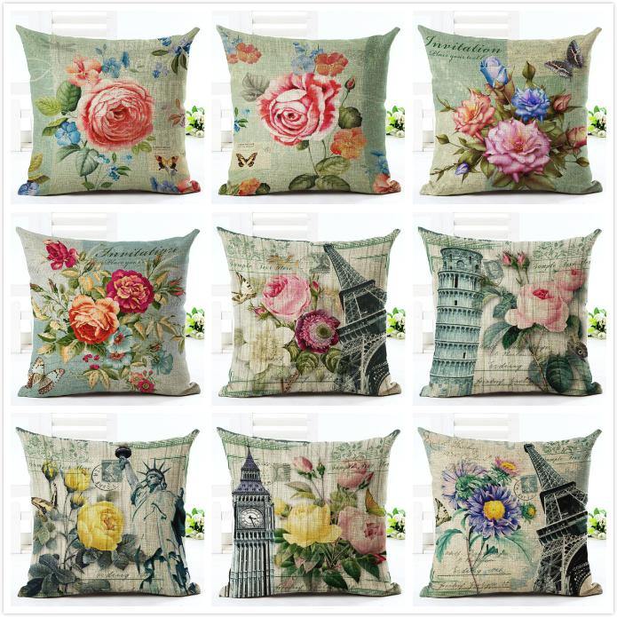 Honana HT-516 Flower Eiffel Tower Style Flower Pillow Case Cotton Linen Cushion Cover Home Sofa Car Decor - MRSLM