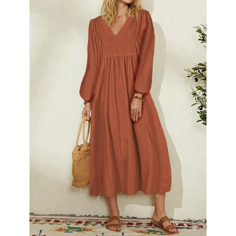 Autumn New Fashion Women's Wear Cotton Loose Lantern Sleeve Dress - MRSLM